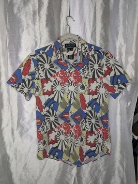 Blue Gear Men's Button Down Super Hero Short Sleeve pop art Small